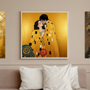Elegant Man and Woman Kissing ❤️ Nouveau Art Poster