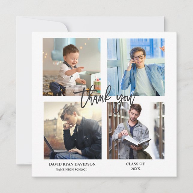 Elegant Man Graduation Photo Collage Thank You Announcement (Front)