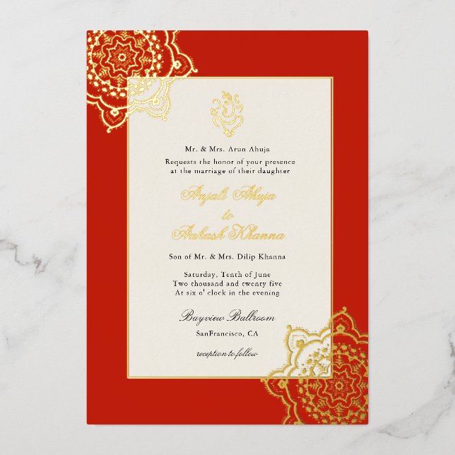 Elegant Mandala and Ganesh Indian wedding  Foil Invitation (Front)