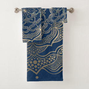 Elegant Mandala Art Boho Gold and Navy Blue Luxury Bath Towel Set