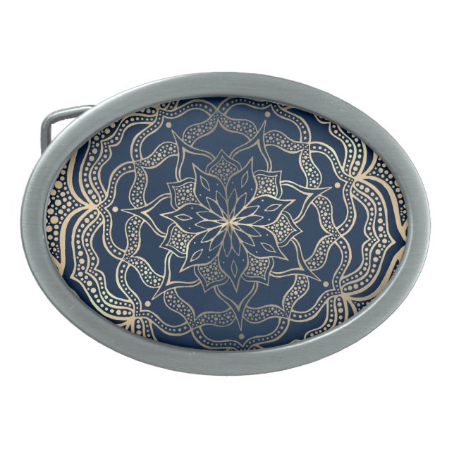 Elegant Mandala Art Boho Gold and Navy Blue Luxury Belt Buckle (Front)