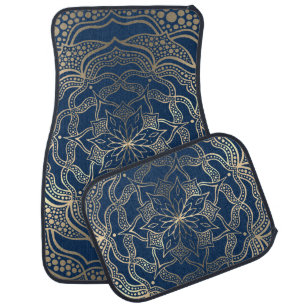 Elegant Mandala Art Boho Gold and Navy Blue Luxury Car Floor Mat
