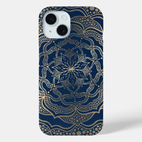 Elegant Mandala Art Boho Gold and Navy Blue Luxury iPhone 15 Case