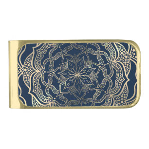 Elegant Mandala Art Boho Gold and Navy Blue Luxury Gold Finish Money Clip