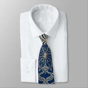 Elegant Mandala Art Boho Gold and Navy Blue Luxury Neck Tie