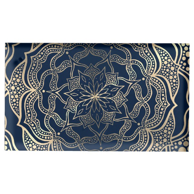 Elegant Mandala Art Boho Gold and Navy Blue Luxury Place Card Holder (Front)