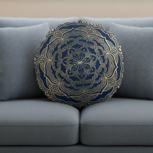 Elegant Mandala Art Boho Luxury Gold and Navy Blue Round Pillow