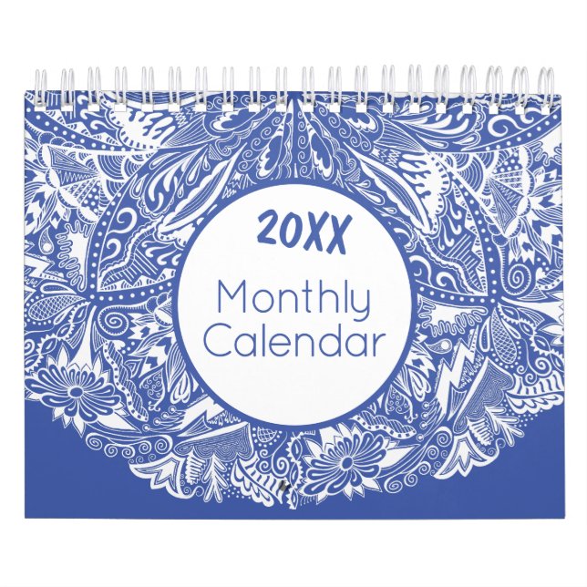 Elegant Mandala Art Colorful Blue White Monthly Calendar (Cover)