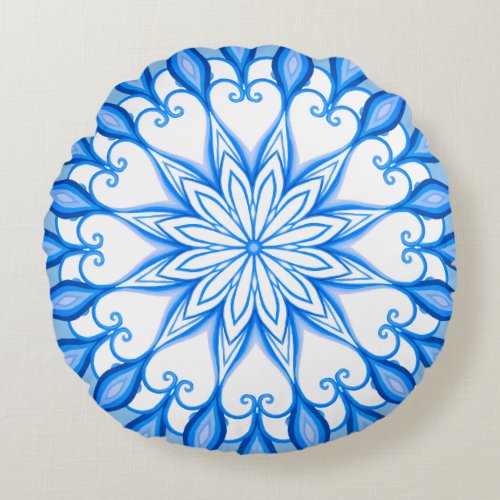  Elegant Mandala Boho Mediterranean White And Blue Round Pillow