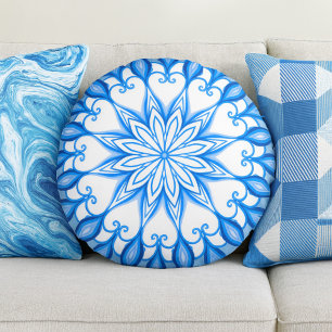 Elegant Mandala Boho Mediterranean White And Blue Round Pillow