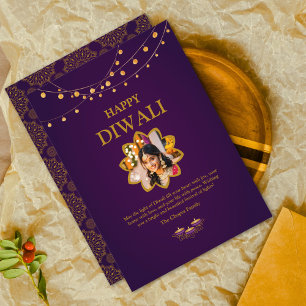 Elegant Mandala custom Photo Purple Golden diwali Holiday Card