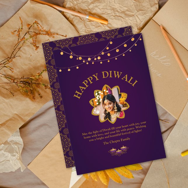 Elegant Mandala custom Photo Purple Golden Diwali  Holiday Card (Creator Uploaded)