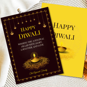 Elegant Mandala Diya Brown Gold Diwali holiday Card