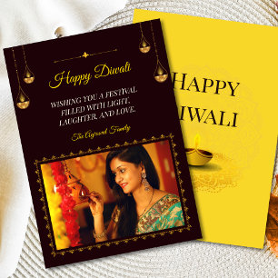 Elegant Mandala Diya Photo Brown Gold Diwali Holiday Card