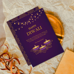 Elegant Mandala diyas custom Purple Diwali gold Holiday Card