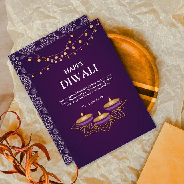 Elegant Mandala diyas custom Purple Diwali Holiday Card
