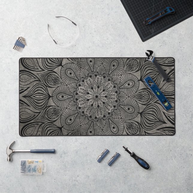      Elegant Mandala Flower Zen Muted Neutral Grey Desk Mat (Workstation)