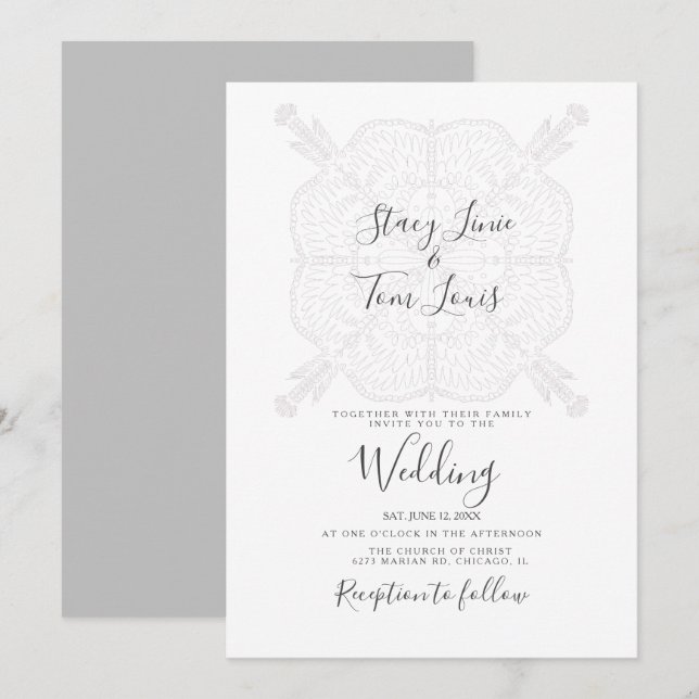 Elegant Mandala Gray White Hand Drawn  Invitation (Front/Back)