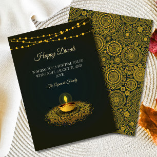 Elegant Mandala hindu Green Gold Diwali Holiday Card