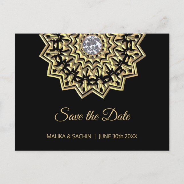 Elegant Mandala Indian Black Wedding SAVE THE DATE Announcement Postcard (Front)