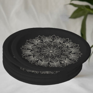 Elegant Mandala Indian Boho Chic Black Wedding Paper Plates