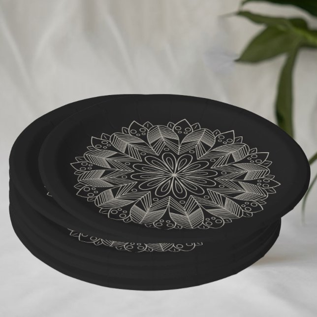 Elegant Mandala Indian Boho Chic Black Wedding Paper Plates (Creator Uploaded)