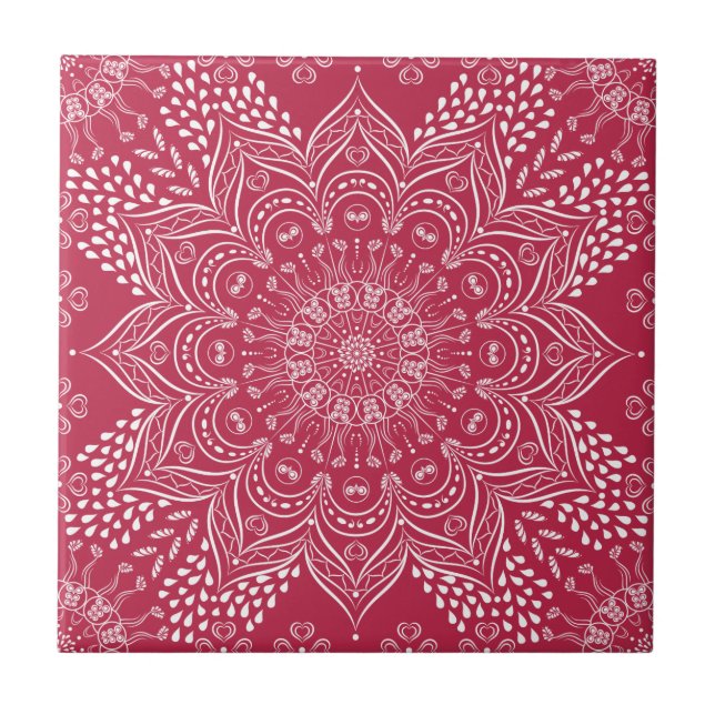 Elegant Mandala Magenta Pink Ceramic Tile (Front)
