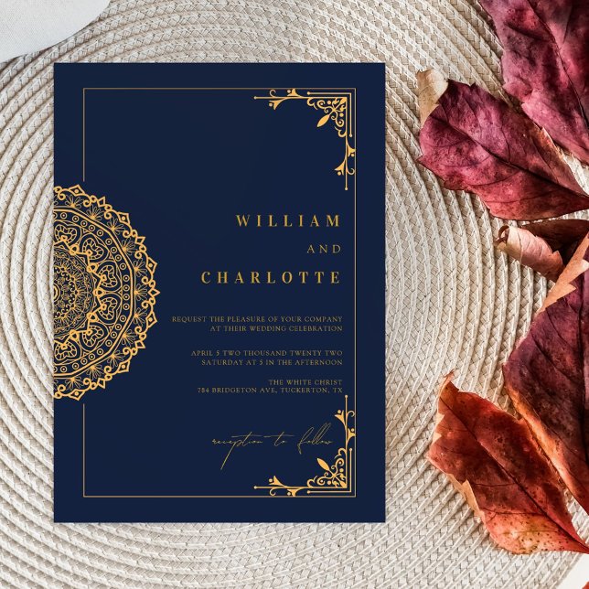 Elegant Mandala Navy and Gold Wedding Invitation (Creator Uploaded)