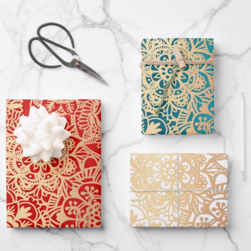 Elegant Mandala Pattern Red Green Gold Wrapping Paper Sheets