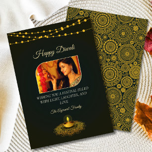 Elegant Mandala Photo Green Gold Diwali Holiday Card