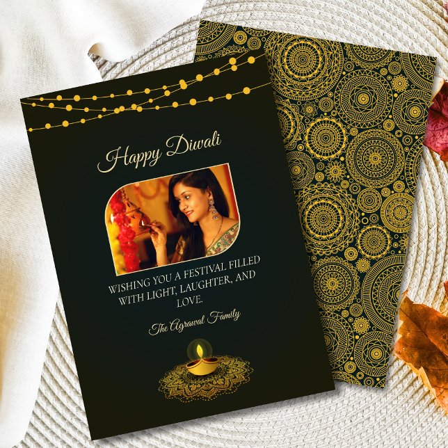 Elegant Mandala  Photo Green Gold Diwali  Holiday Card (Creator Uploaded)