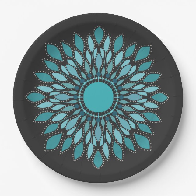 Elegant Mandala  Teal Lotus Flower   Paper Plates (Front)