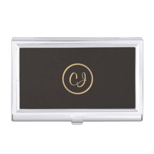 Elegant Manly Black Faux Gold Circle Monogram Case For Business Cards