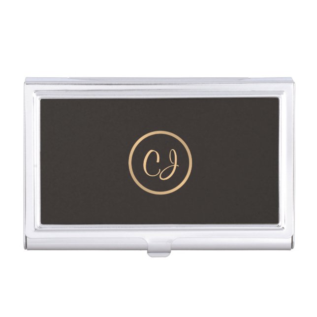Elegant Manly Black Faux Gold Circle Monogram Case For Business Cards (Front)