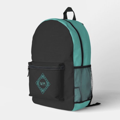   Elegant Manly Black  Teal Art Deco Add Monogram Printed Backpack