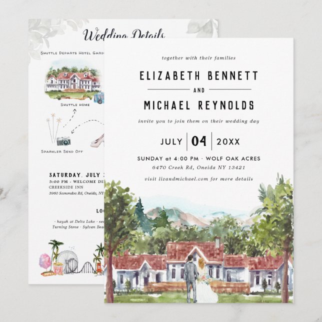 Elegant Manor Villa | Illustrated Wedding Weekend Invitation (Front/Back)