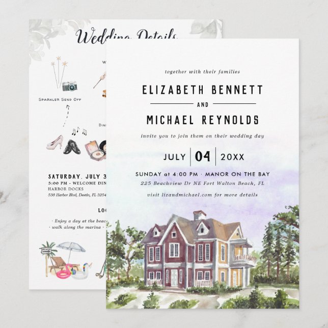 Elegant Manor Villa | Illustrated Wedding Weekend Invitation (Front/Back)
