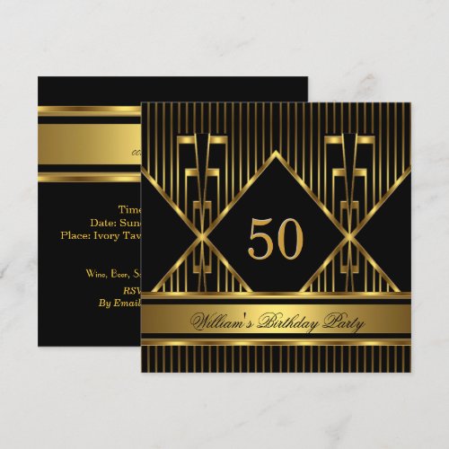 Elegant Mans Black Gold Stripe Birthday Party Mens Personalized Announcements