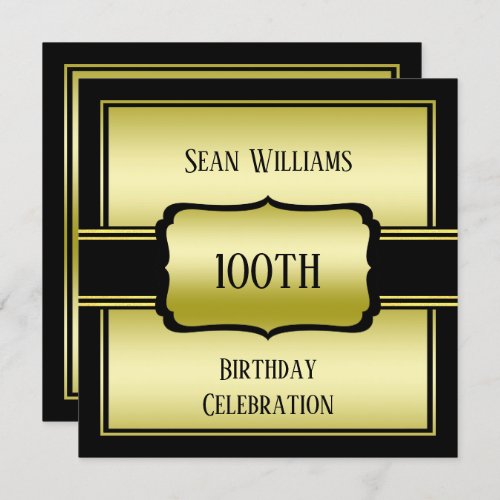 Elegant Mans Gold  Black 100th Birthday Invitation