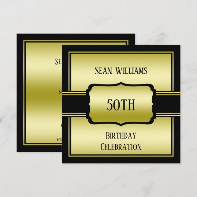 Elegant Man's Gold & Black 50th Birthday Invitation (Front/Back)