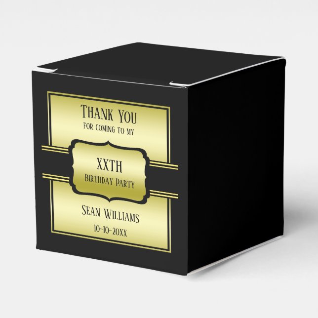 Elegant Man's Gold & Black Birthday Favor Boxes (Front Side)