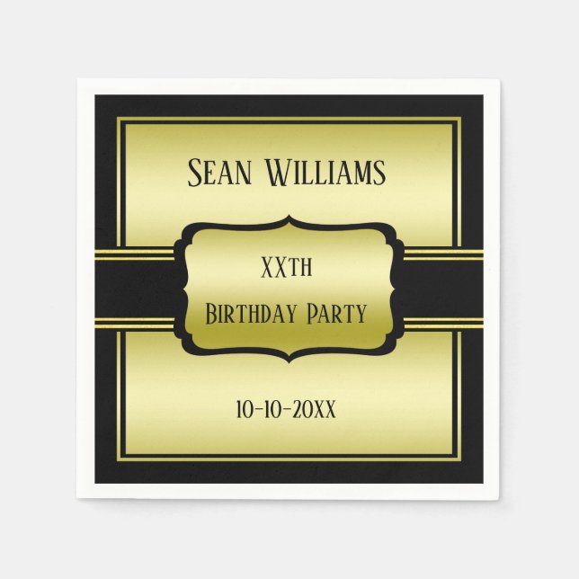 Elegant Man's Gold & Black Birthday Napkins (Front)