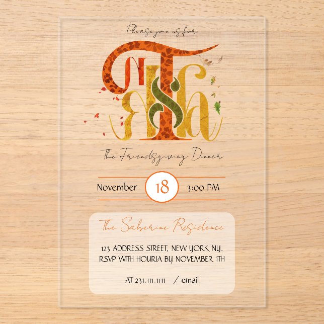 Elegant Manuscript Thanks Autumn Foliage  Acrylic Invitations (Front)