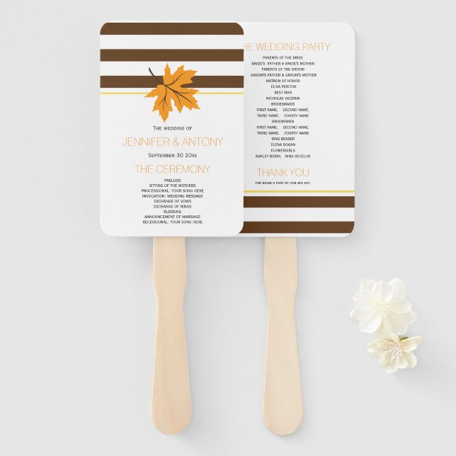 Elegant maple leaf,stripes fall wedding program hand fan (Front and Back)