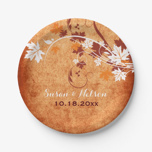 Elegant maple leaves orange fall wedding paper plates (Front)