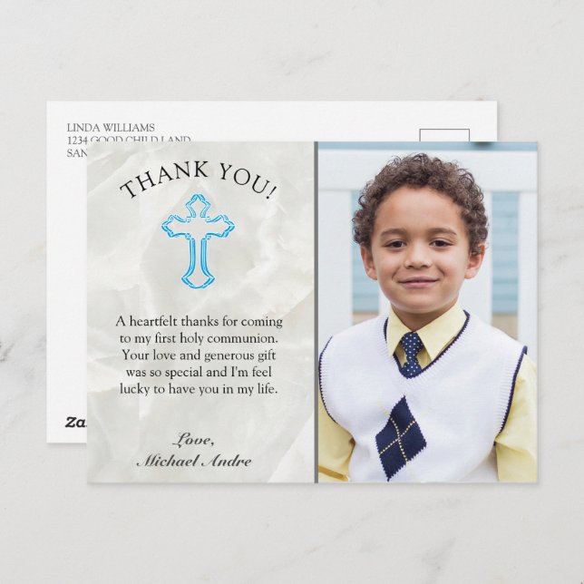Elegant Marble 1st Holy Communion Thank You Postcard (Front/Back)