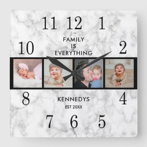 Elegant  Marble  4 Photo Collage Family Quote Square Wall Clock
