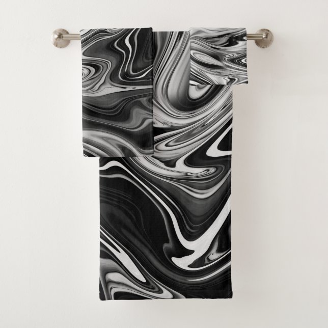 Elegant Marble 7 - Liquid Black and White Bath Towel Set (Insitu)