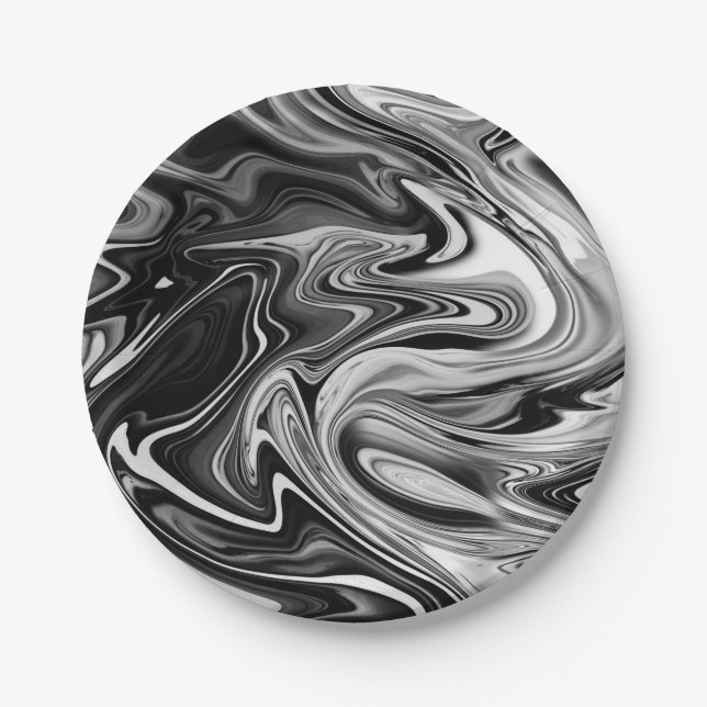 Elegant Marble 7 - Liquid Black and White Paper Plates (Front)