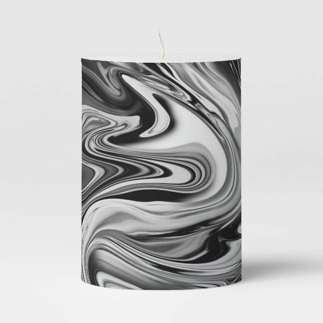 Elegant Marble 7 - Liquid Black and White Pillar Candle (Front)